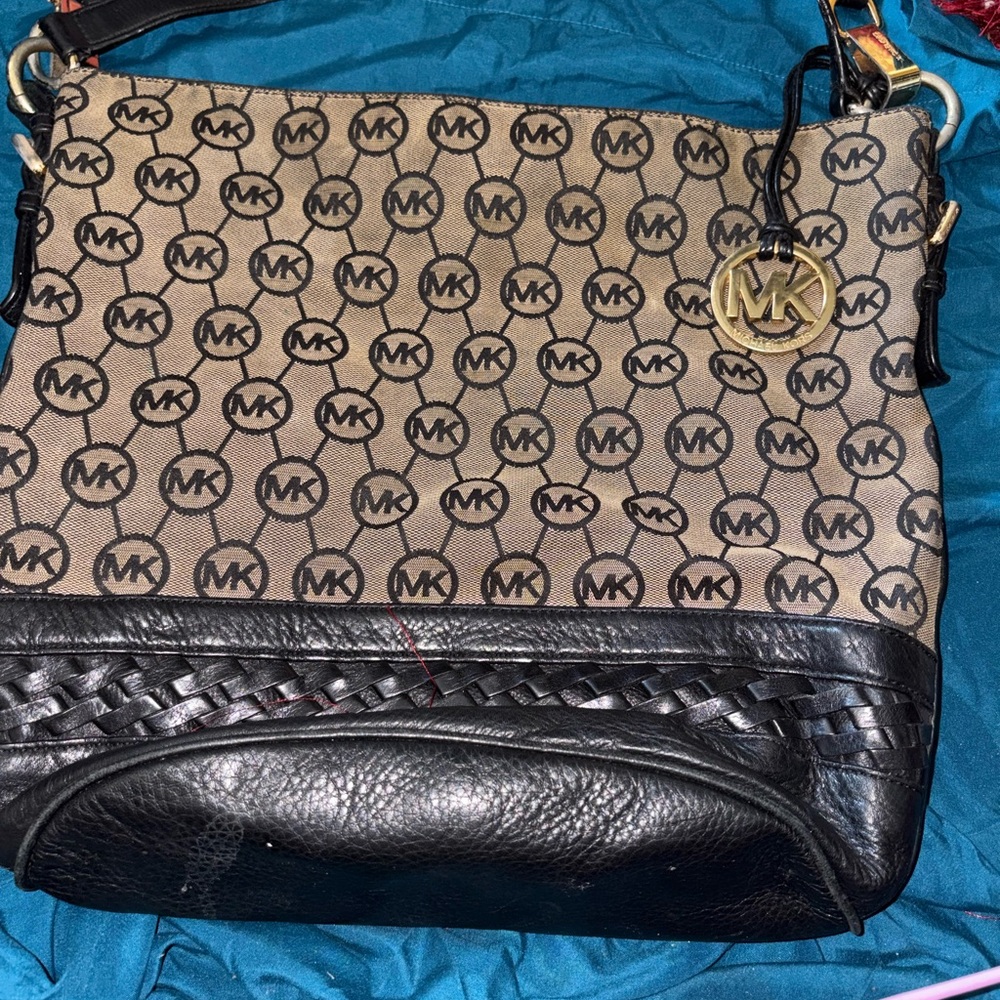 Michael Kors Brown & Black MK Logo Shoulder Bag with Gold Charm
